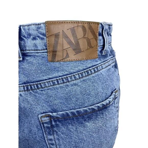 Zara Women's Blue Washed Denim High-Rise Crop Jeans With Frayed Hem Sz 6 - Picture 7 of 10